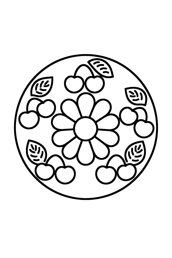 Kleurplaat mandala: kersen met blaadjes in een kring