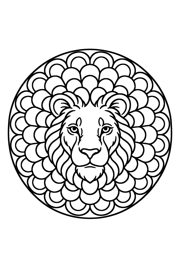 Kleurplaat mandala: een leeuwenkop met manen van bloemblaadjes