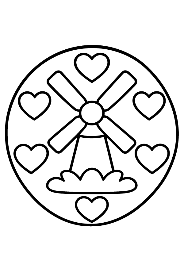 Kleurplaat mandala: een molen in een ronde mandala