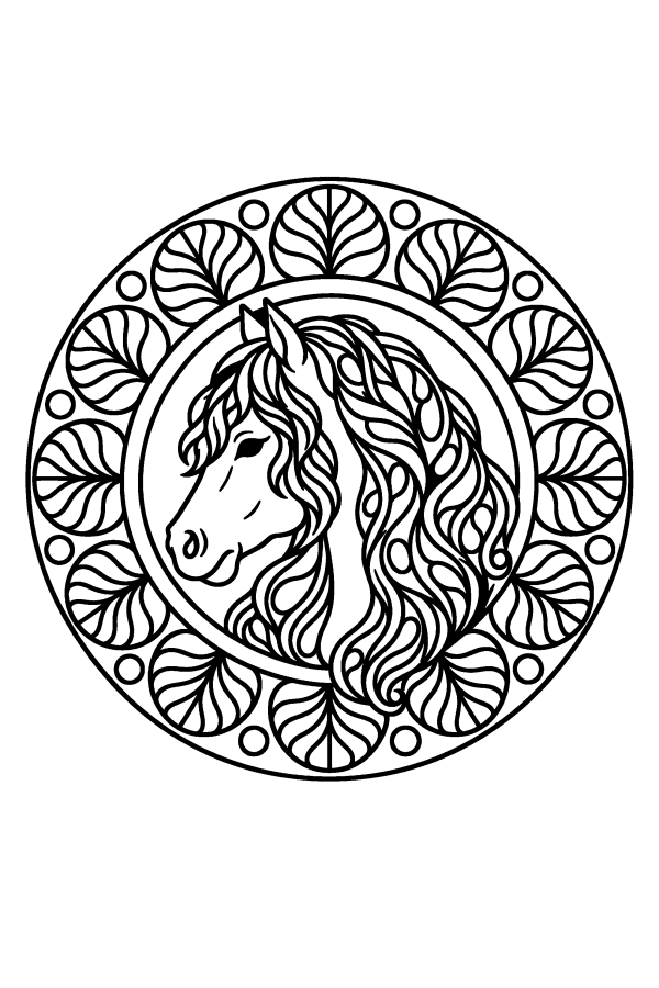 Kleurplaat mandala: een paard met lange, golvende manen vol patronen