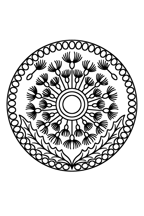 Kleurplaat mandala: de pluizenbol van een paardenbloem met een paar wegwaaiende pluisjes
