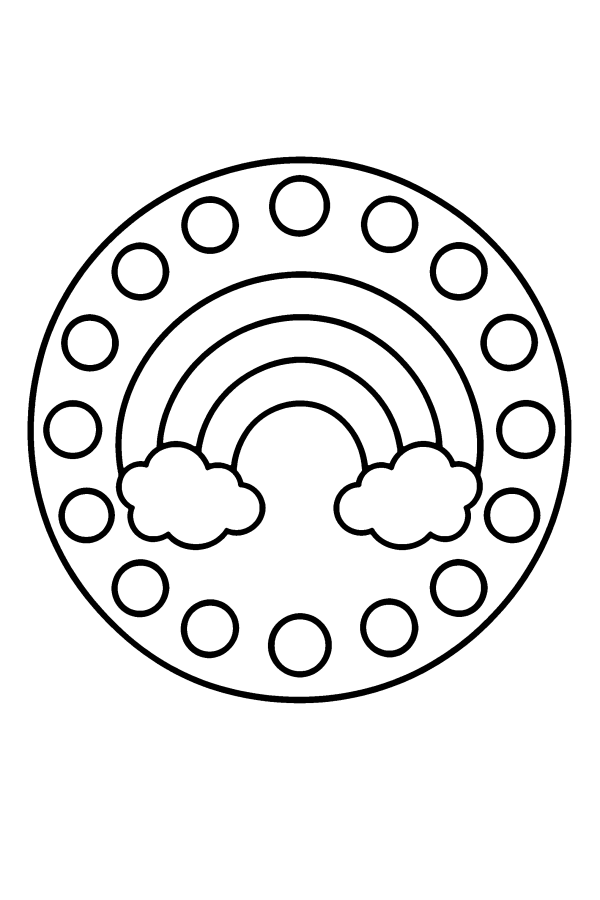 Kleurplaat mandala: een regenboog met wolkjes in een cirkel