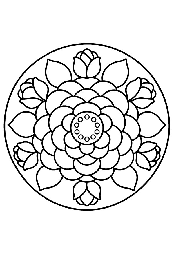 Kleurplaat mandala: een roos met veel bloemblaadjes, van bovenaf gezien