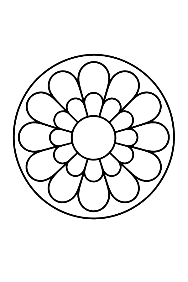 Kleurplaat mandala: een rozet met twaalf ronde blaadjes
