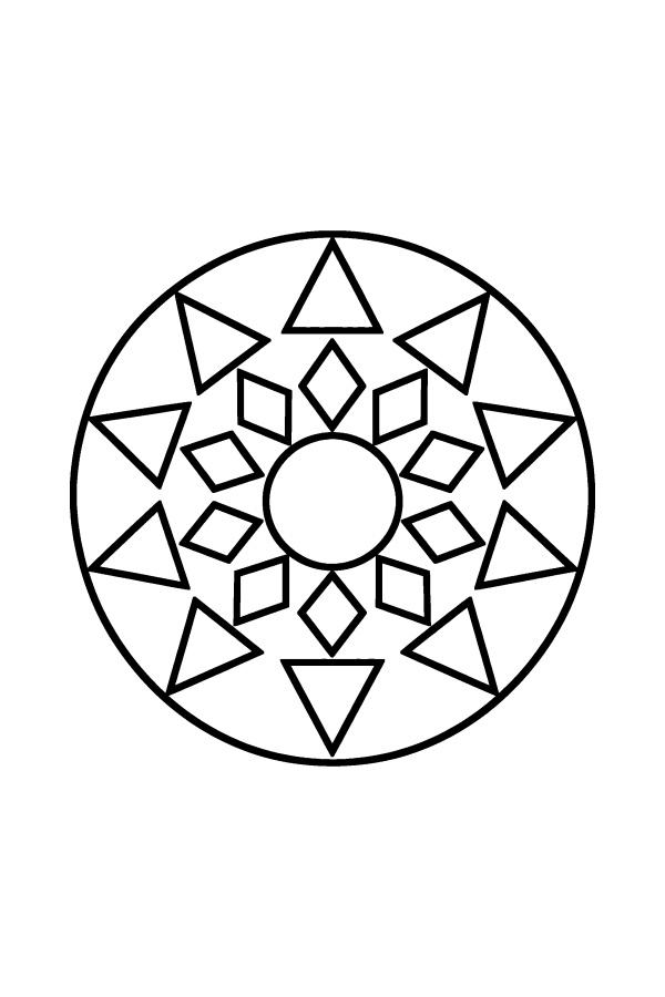 Kleurplaat mandala: een mandala van ruitjes en driehoeken