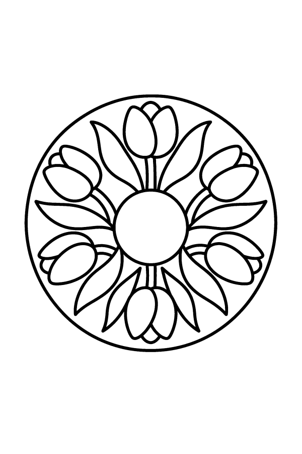 Kleurplaat mandala: een kring van tulpen