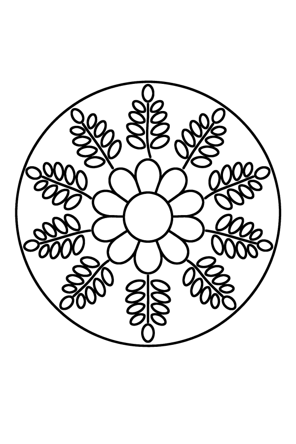 Kleurplaat mandala: varenbladeren die als een bloem uitwaaieren