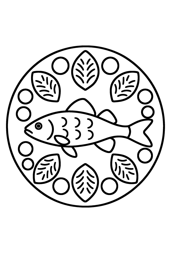 Kleurplaat mandala: een vis met vinnen en kleine schubben in een rand van luchtbelletjes