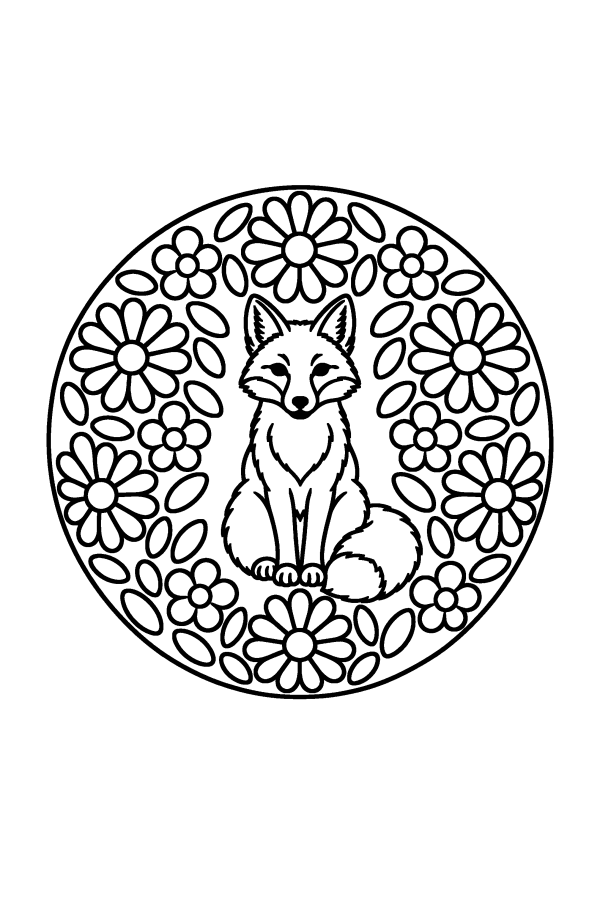 Kleurplaat mandala: een zittende vos in een kring van wilde bloemen
