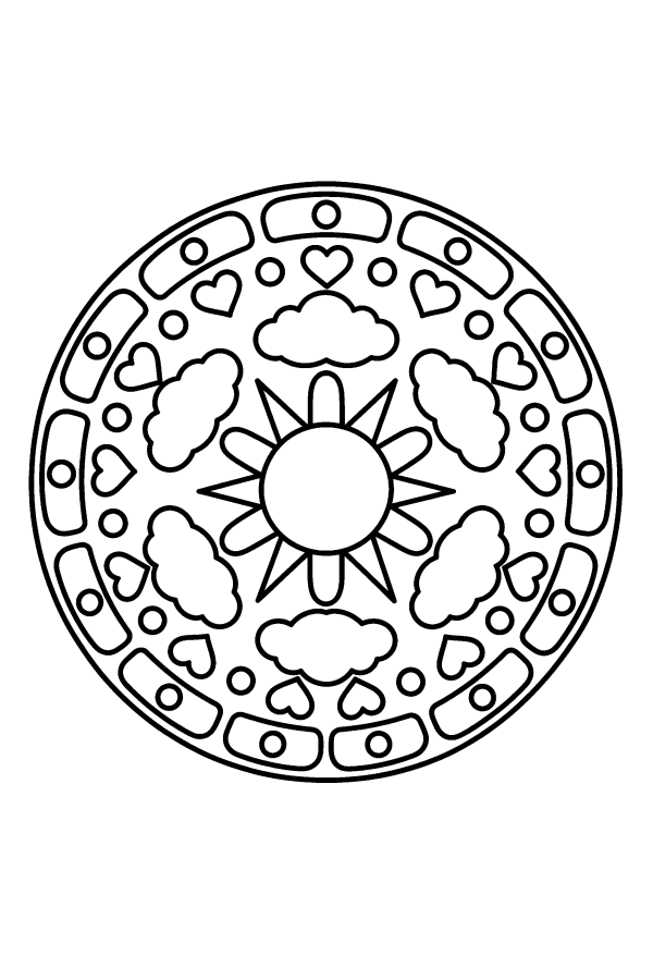Kleurplaat mandala: een zon met wolkjes en patronen eromheen