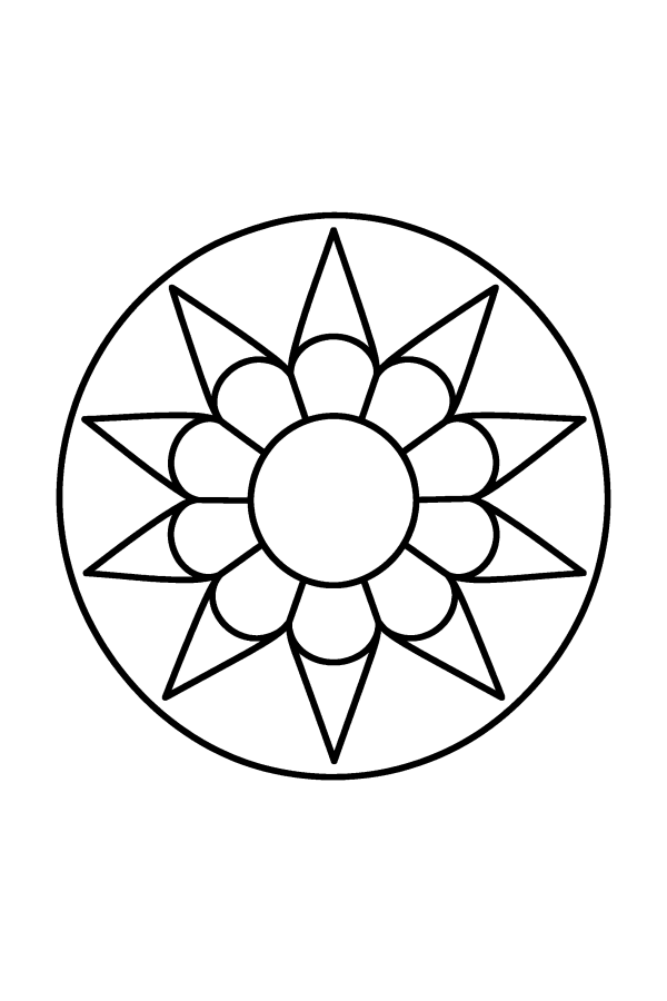 Kleurplaat mandala: een zon met brede stralen