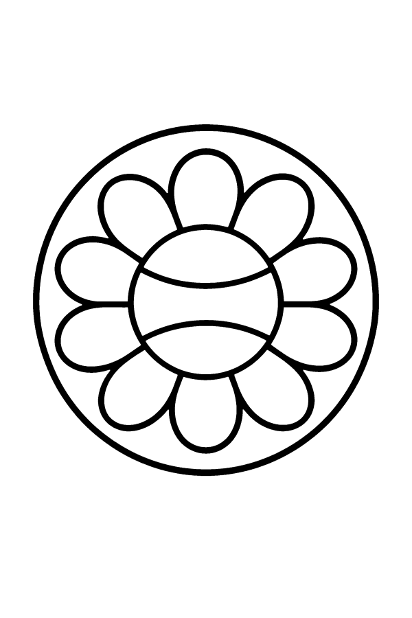 Kleurplaat mandala: een grote zonnebloem met brede bloemblaadjes
