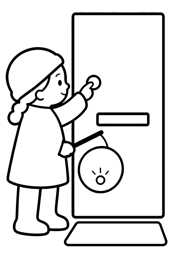 Kleurplaat Sint-Maarten: een kind met een lampion belt aan bij de voordeur