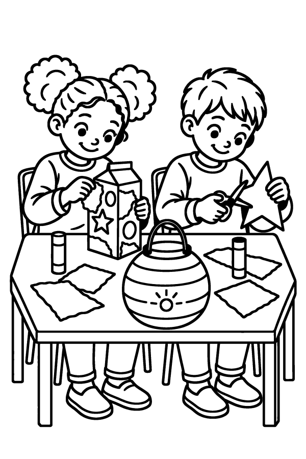Kleurplaat Sint-Maarten: twee kinderen knutselen aan tafel lampionnen, met een schaar, lijm en papier