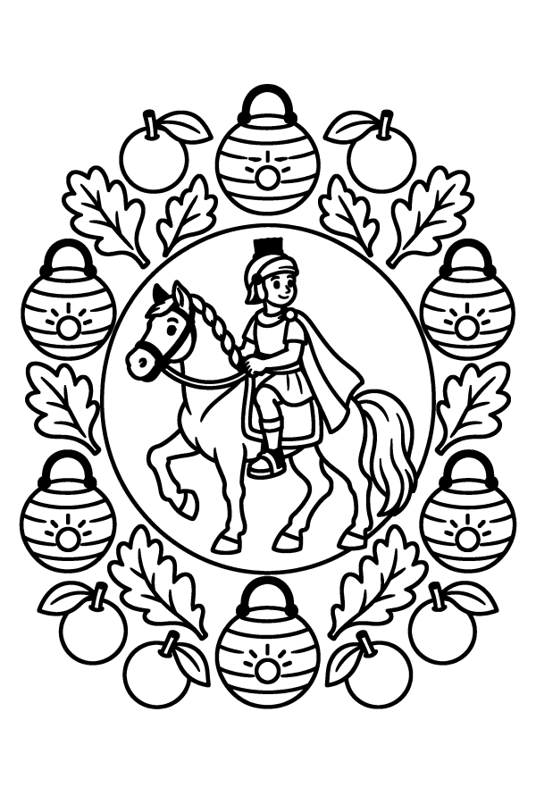 Kleurplaat Sint-Maarten: een mandala met Sint-Maarten te paard in het midden en een rand van lampionnen en blaadjes