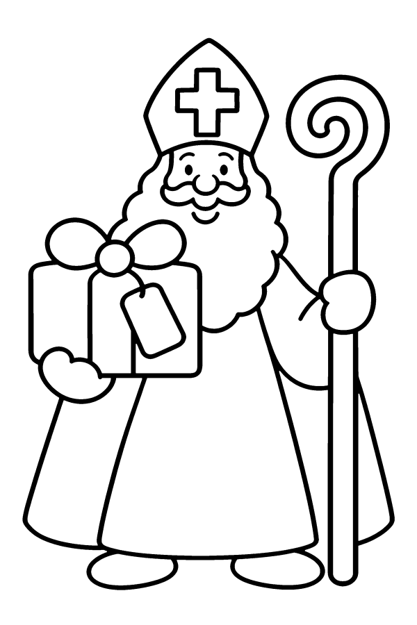Kleurplaat Sinterklaas: Sinterklaas houdt een groot cadeau vast