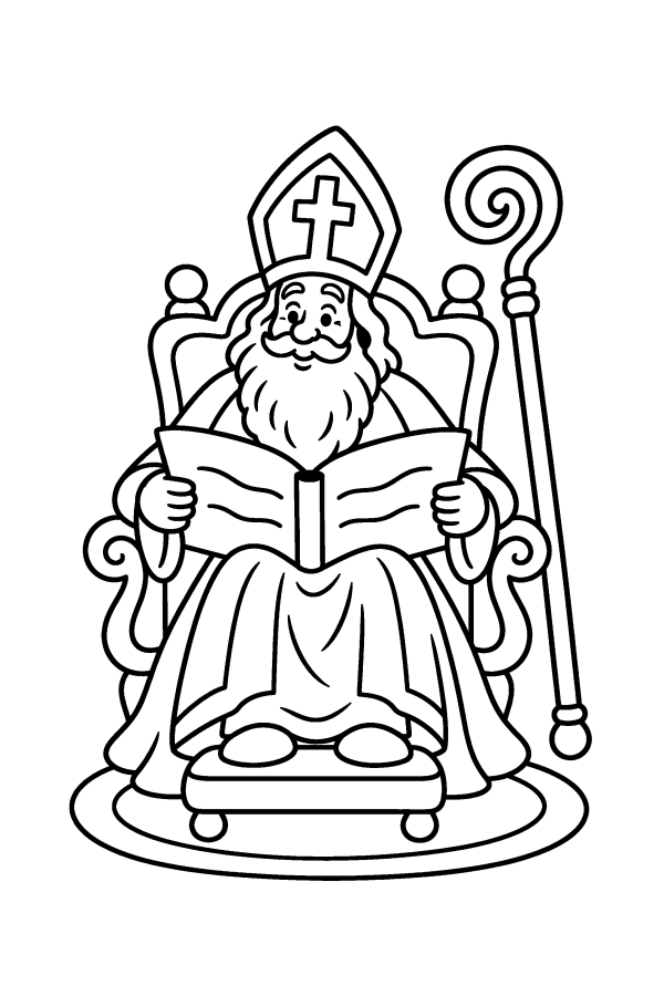 Kleurplaat Sinterklaas: Sinterklaas zit in zijn stoel en leest in het grote boek