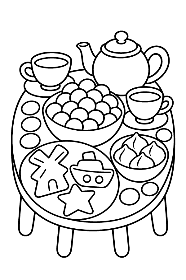 Kleurplaat Sinterklaas: kruidnoten, speculaas en thee op tafel