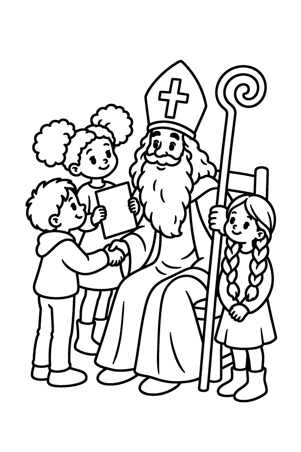 Kleurplaat Sinterklaas: Sinterklaas begroet drie kinderen