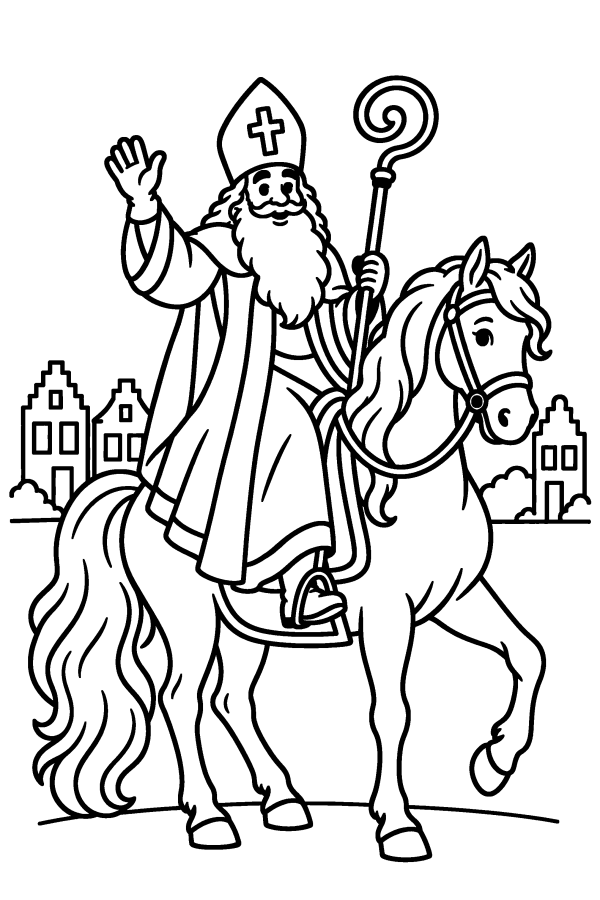Kleurplaat Sinterklaas: Sinterklaas op zijn paard tijdens de intocht