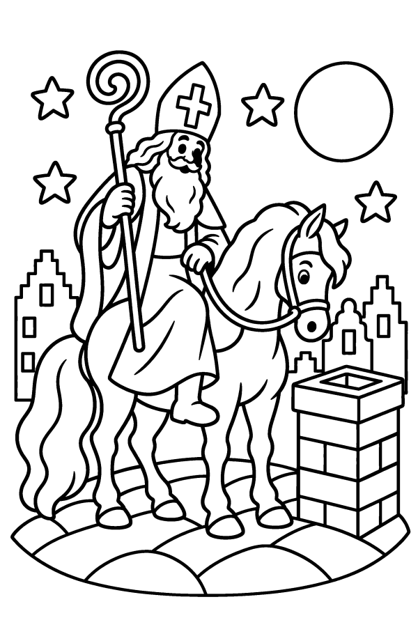 Kleurplaat Sinterklaas: Sinterklaas op zijn paard op het dak bij de schoorsteen