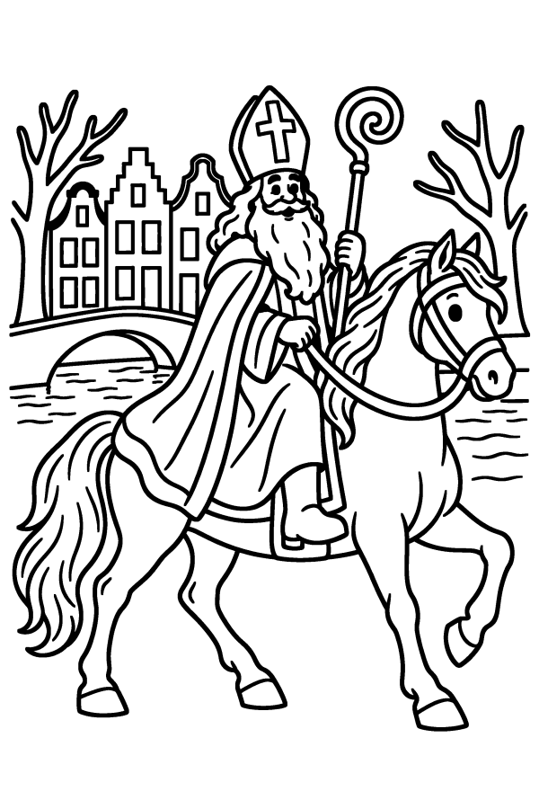 Kleurplaat Sinterklaas: Sinterklaas rijdt op zijn paard langs de gracht