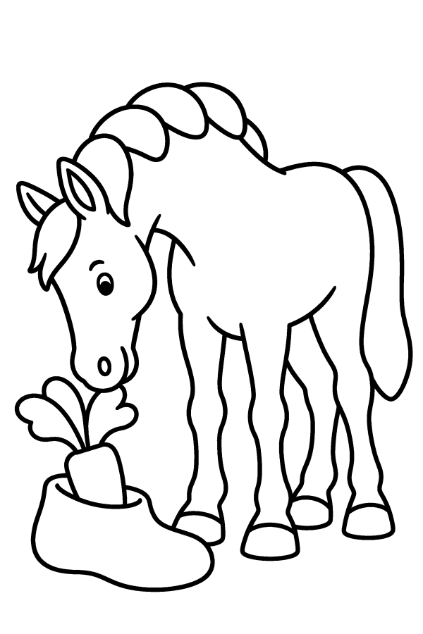 Kleurplaat Sinterklaas: het paard eet een wortel uit een schoen