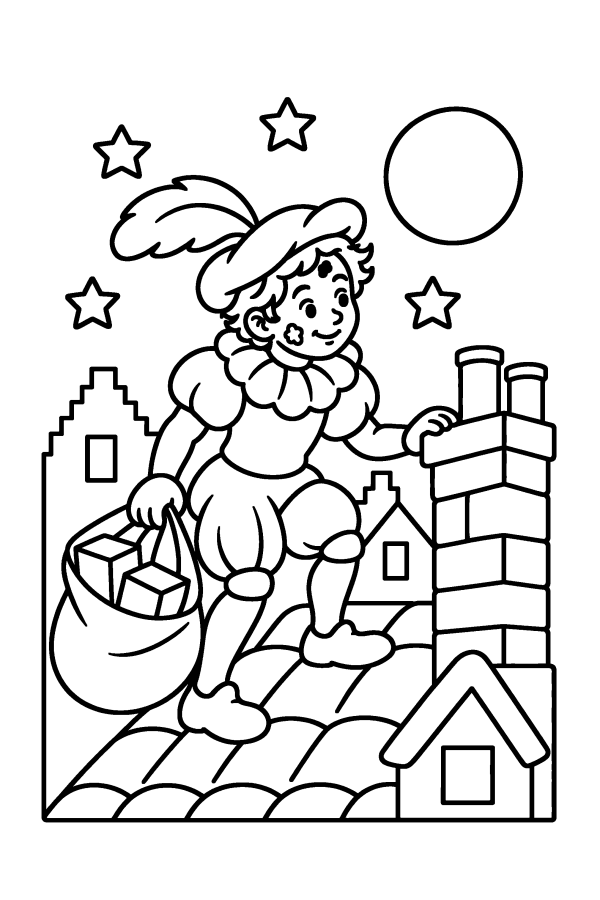 Kleurplaat Sinterklaas: Piet klimt over het dak naar de schoorsteen