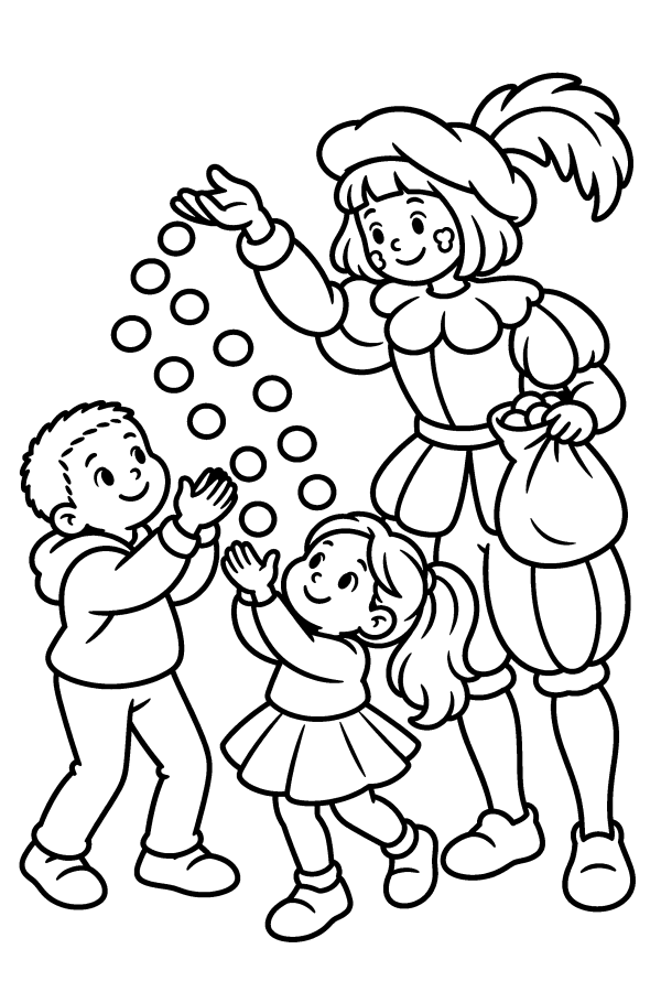 Kleurplaat Sinterklaas: Piet strooit pepernoten voor twee kinderen