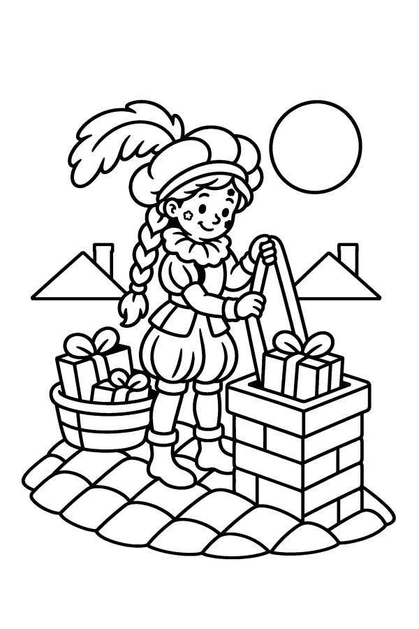 Kleurplaat Sinterklaas: Piet laat een cadeautje in de schoorsteen zakken