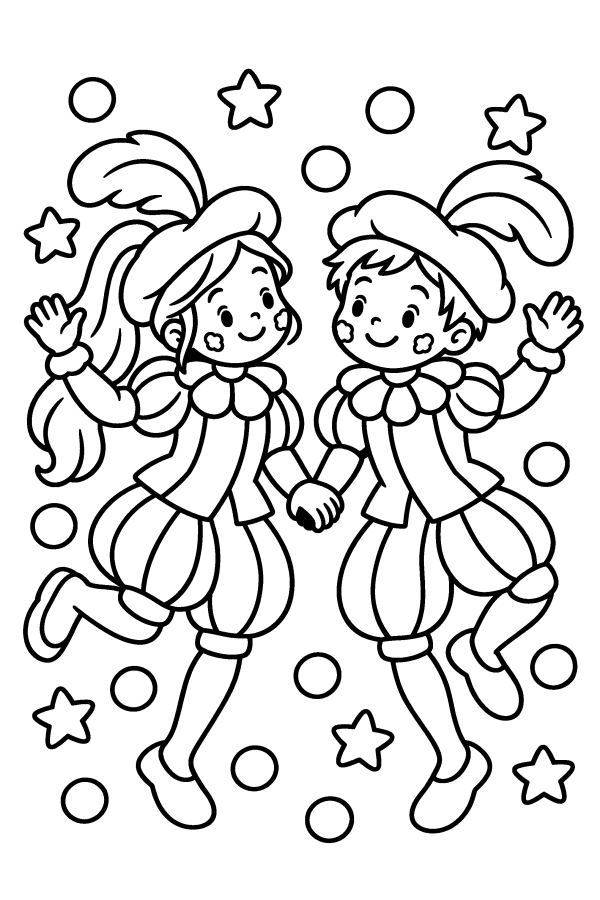 Kleurplaat Sinterklaas: twee Pieten dansen samen