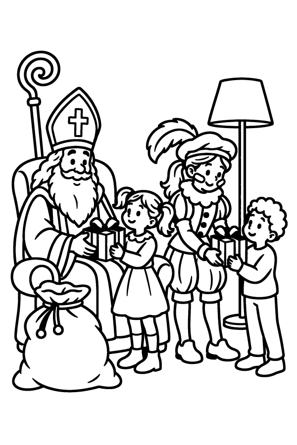 Kleurplaat Sinterklaas: Sinterklaas en Piet geven twee kinderen een cadeau