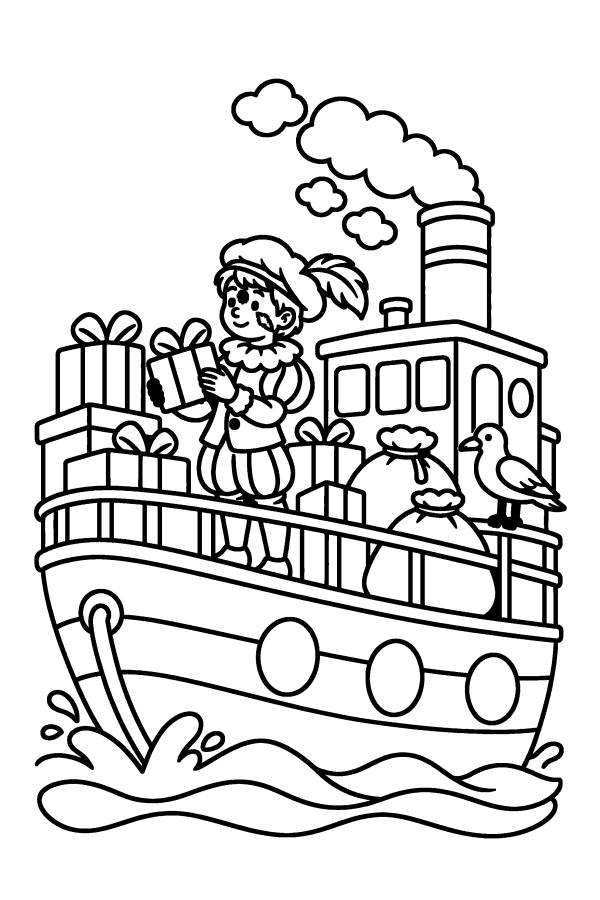 Kleurplaat Sinterklaas: de stoomboot vol cadeaus met een Piet aan boord