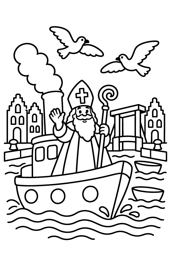 Kleurplaat Sinterklaas: Sinterklaas zwaait vanaf de stoomboot die de haven binnenvaart