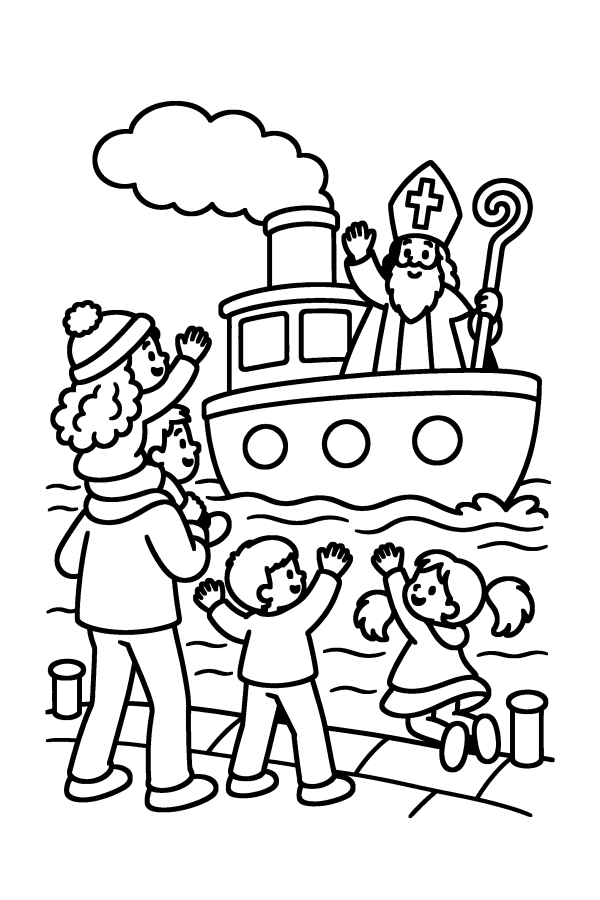 Kleurplaat Sinterklaas: kinderen op de kade zwaaien naar Sinterklaas op de stoomboot