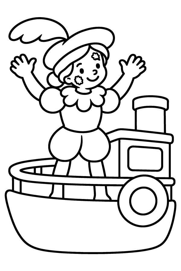 Kleurplaat Sinterklaas: Piet zwaait vanaf de stoomboot