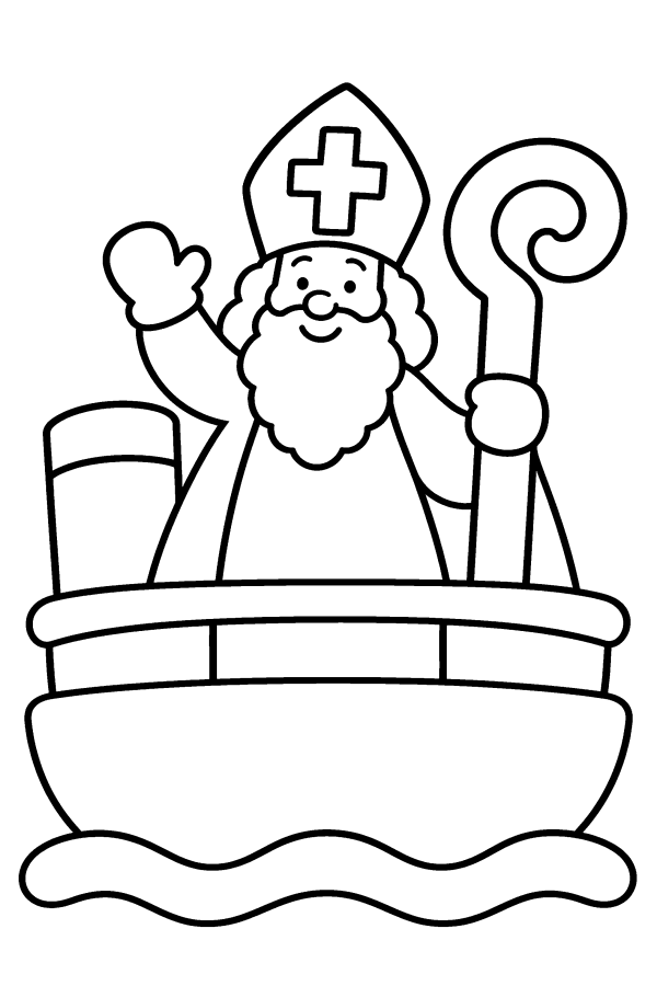 Kleurplaat Sinterklaas: Sinterklaas staat op het dek van de stoomboot