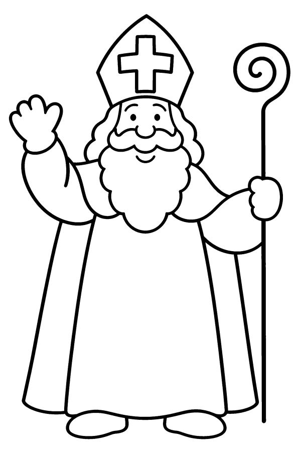 Kleurplaat Sinterklaas: Sinterklaas zwaait en houdt zijn staf vast