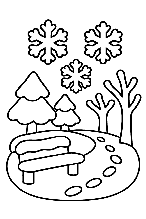 Kleurplaat winter: een besneeuwd bos met een bankje
