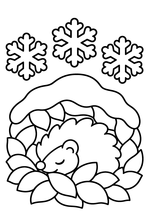 Kleurplaat winter: een egel in winterslaap onder een besneeuwde hoop bladeren