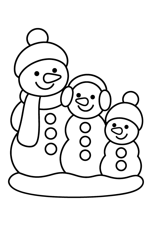 Kleurplaat winter: een sneeuwpopfamilie met een grote, een middelgrote en een kleine sneeuwpop