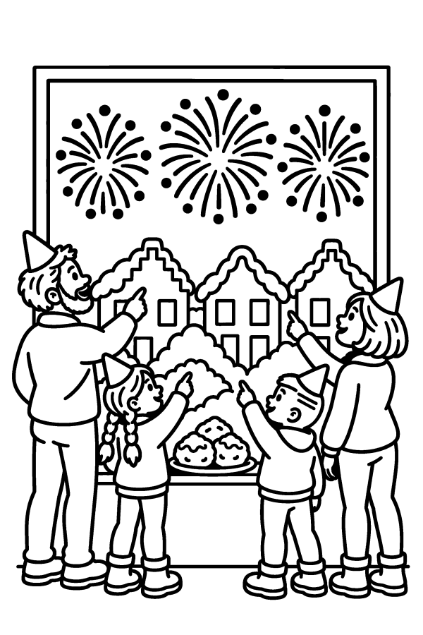 Kleurplaat winter: een gezin kijkt samen door het raam naar het vuurwerk