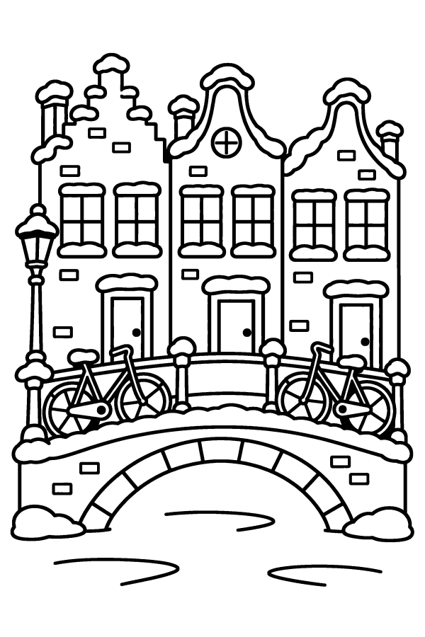 Kleurplaat winter: grachtenhuizen in de sneeuw, met fietsen op een brug over de gracht