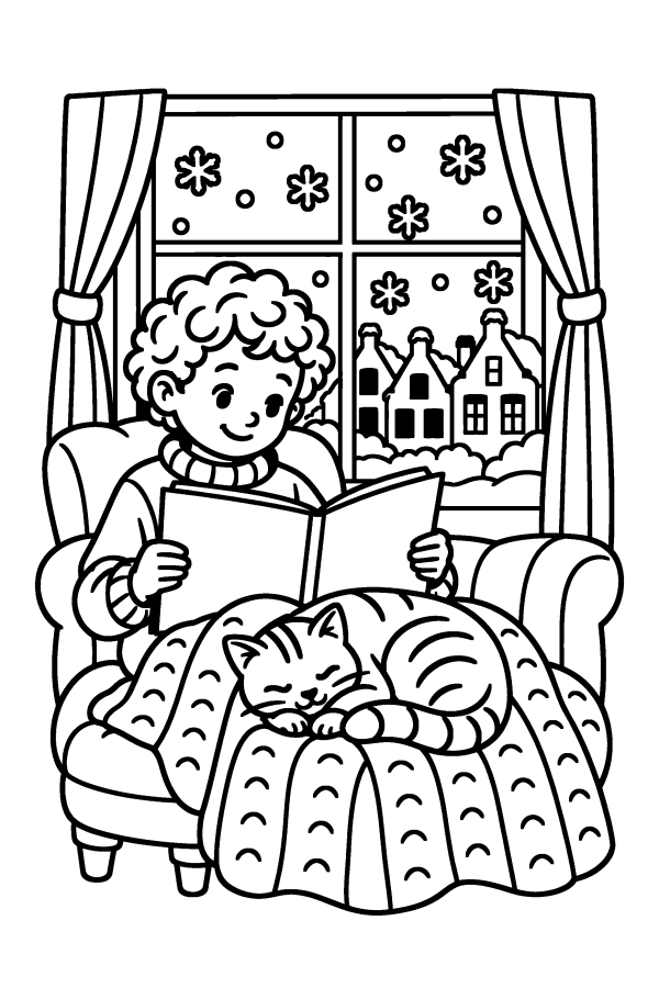 Kleurplaat winter: een kind leest een boek onder een dekentje bij het raam