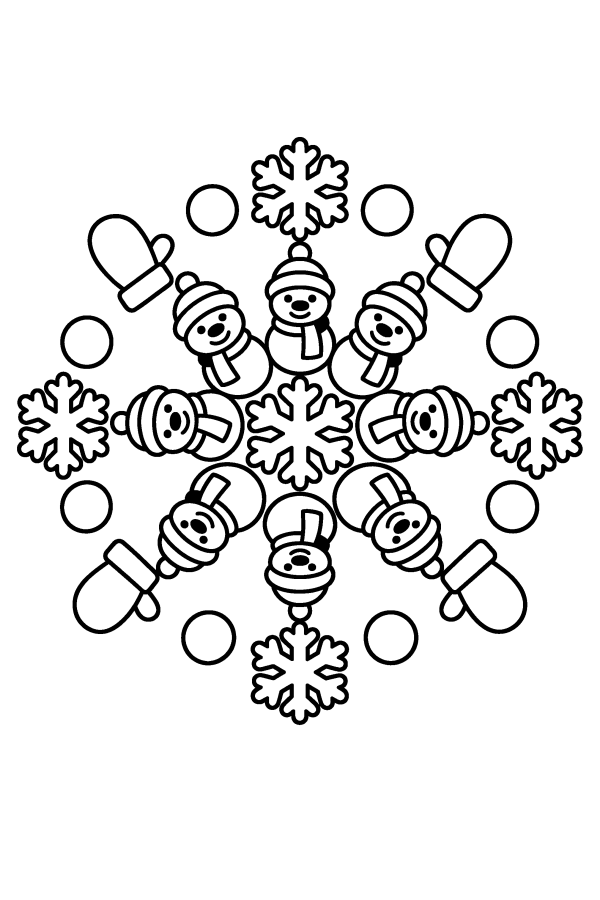 Kleurplaat winter: een ronde mandala met kleine sneeuwpoppen