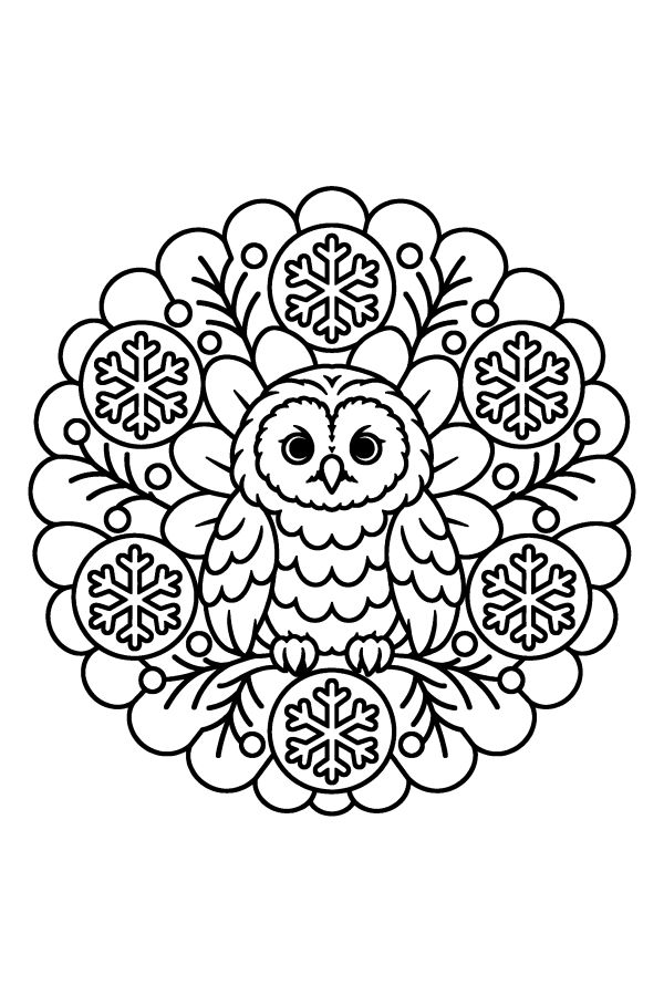 Kleurplaat winter: een ronde mandala met een uil in het midden