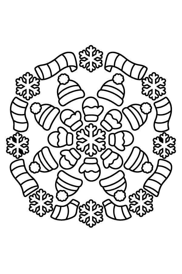 Kleurplaat winter: een ronde mandala van wanten, mutsen en sjaals