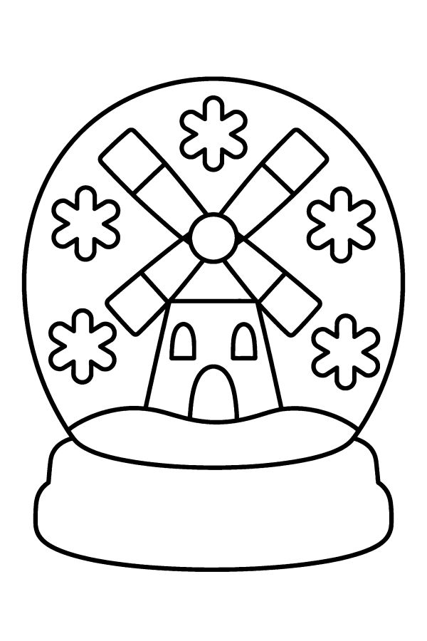 Kleurplaat winter: een sneeuwbol met een molentje erin