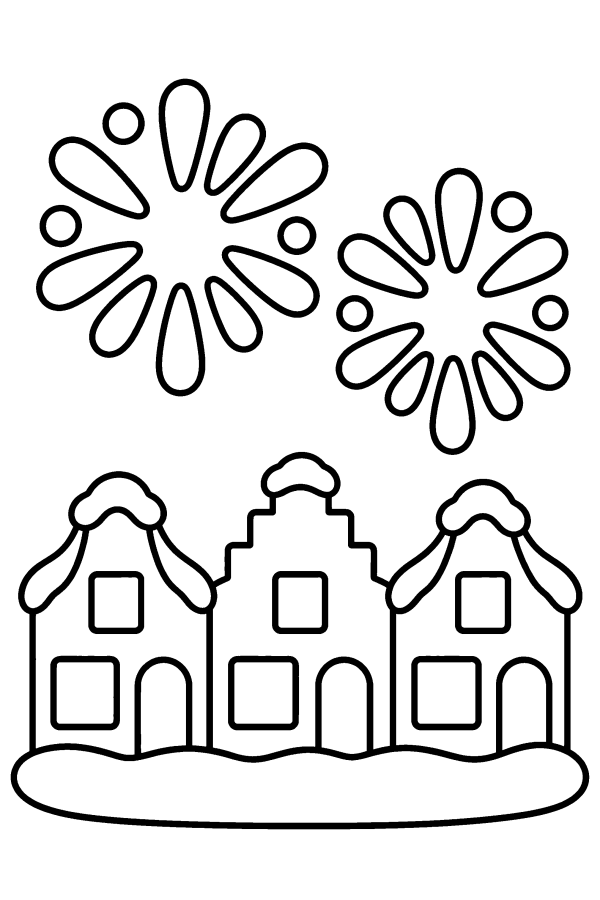 Kleurplaat winter: vuurwerk in de lucht boven de huizen