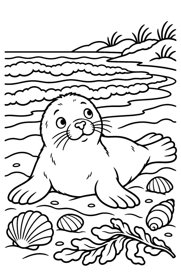 Kleurplaat winter: een zeehondje op het strand in de winter
